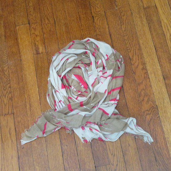 Palm Print Express Scarf | Tan & Red | Fringed Ends - Picture 1 of 2